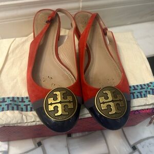 Tory Burch Red and Blue Flats with Gold Hardware